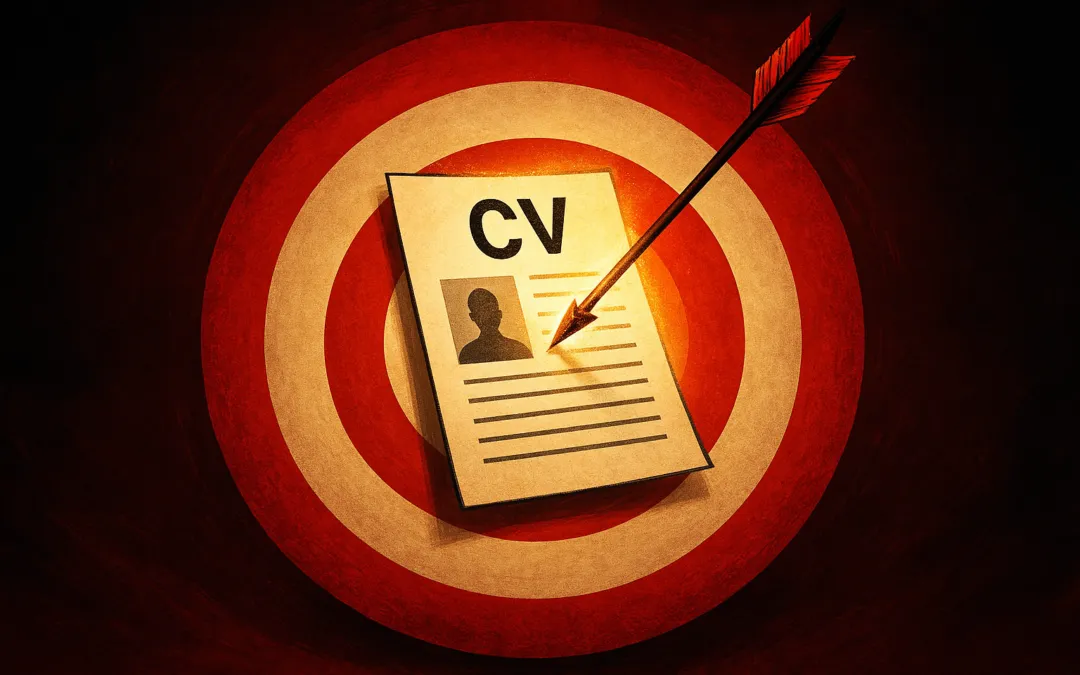 A tailored CV hitting the bullseye target with an arrow, symbolising precision job applications and successful CV targeting strategy
