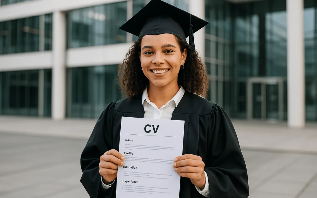 South African graduate standing outside a modern building holding her job-winning CV.