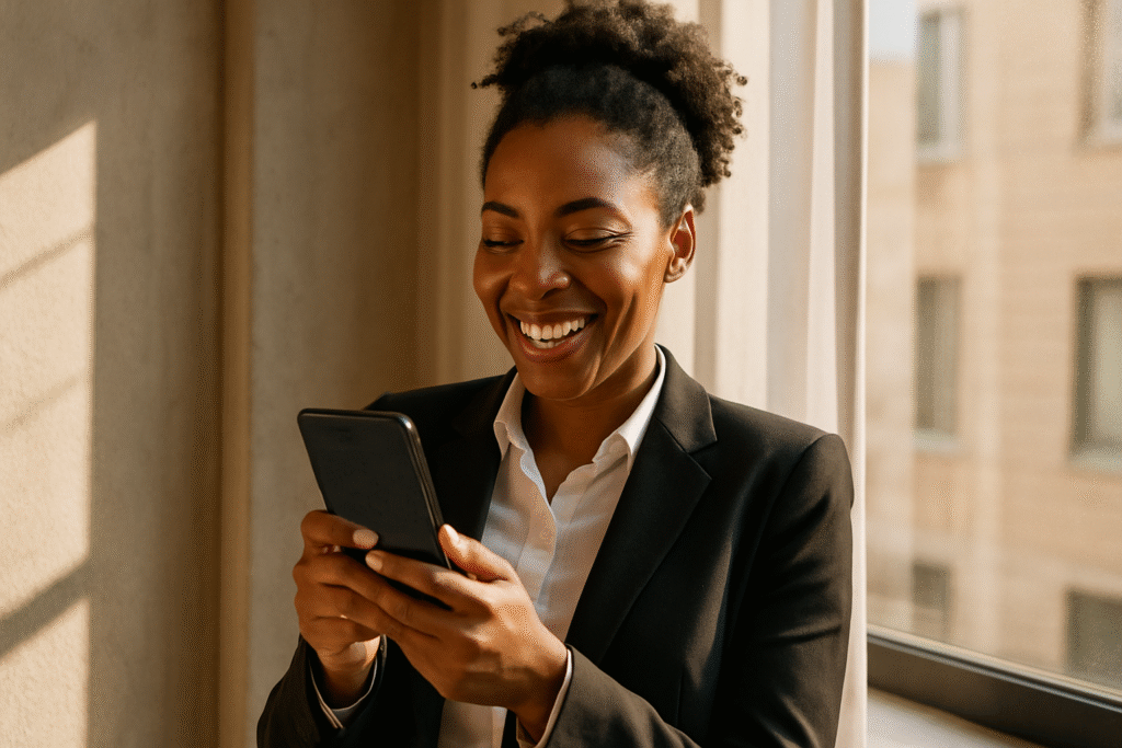 Happy African businesswoman celebrating new job offer after using professional CV writing services