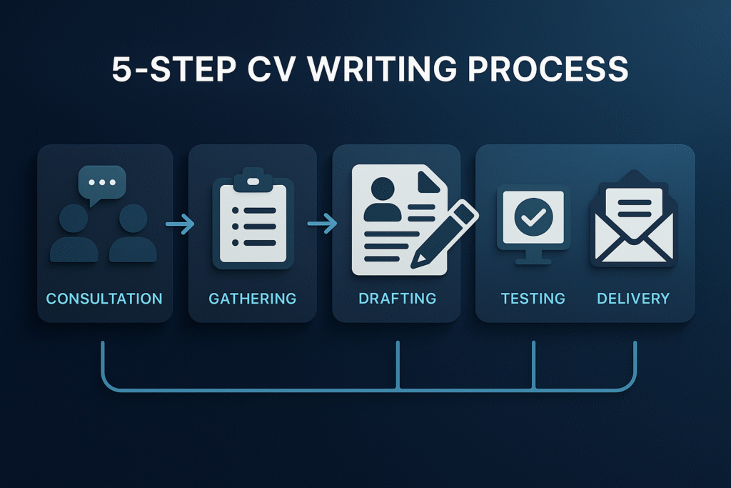 Five-step process for CV writing success: consultation, gathering, drafting, ATS testing, final delivery