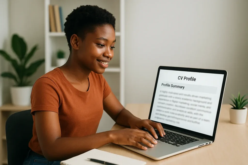 South African student writing a personal profile for their CV on a laptop.