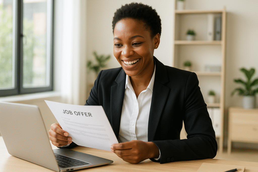 Happy South African professional receiving a job offer via laptop after professional CV optimisation