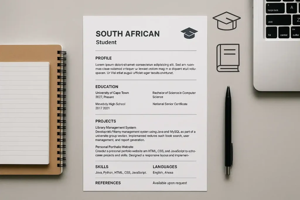 Flat lay of an undergraduate CV layout tailored for South African students.
