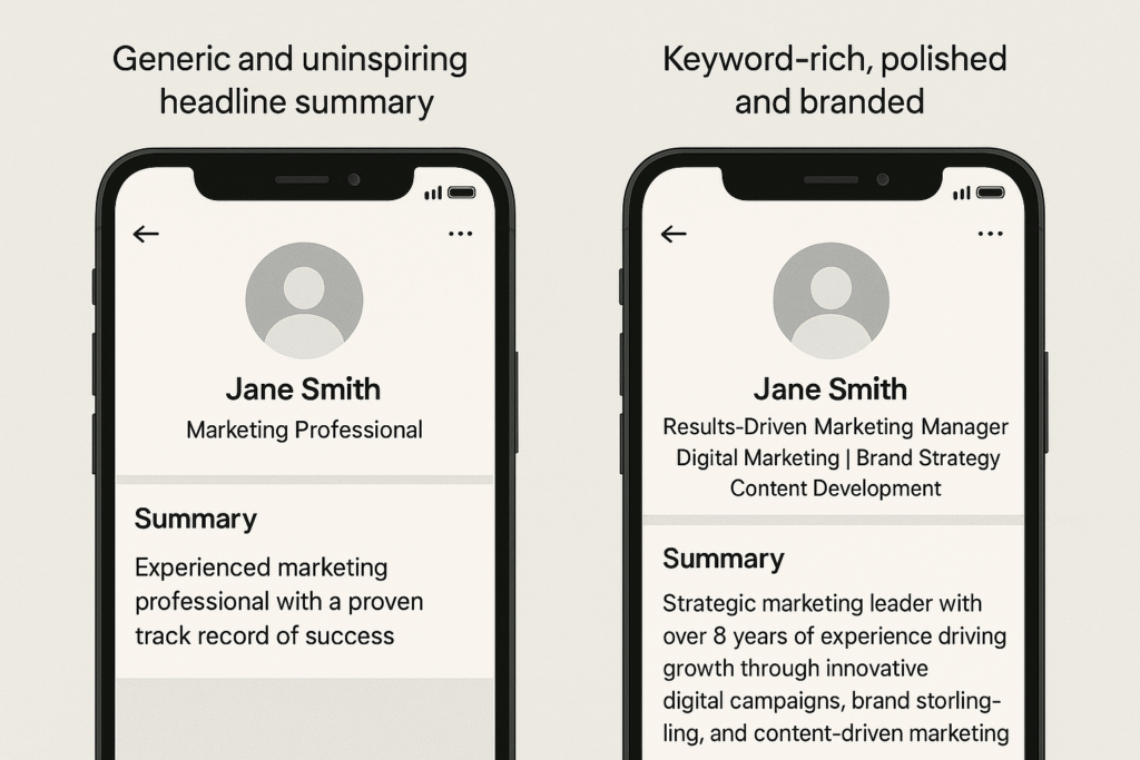 Side-by-side LinkedIn headline and summary comparison before and after expert optimisation