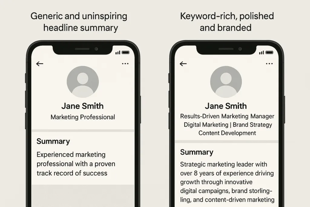 Side-by-side LinkedIn headline and summary comparison before and after expert optimisation