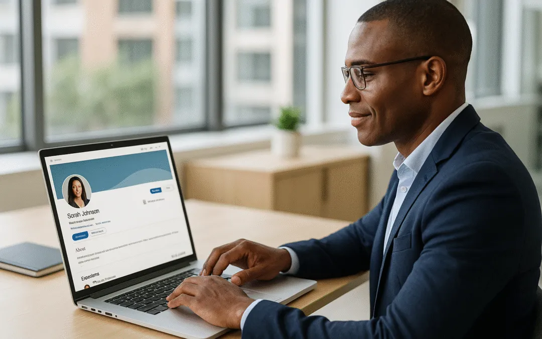Man reviewing LinkedIn profile on laptop