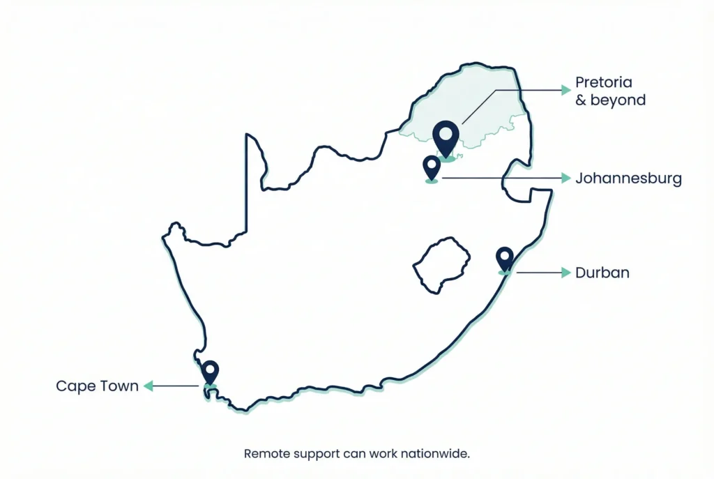 Map-style infographic highlighting Johannesburg, Cape Town and other regions for choosing a CV writer in South Africa