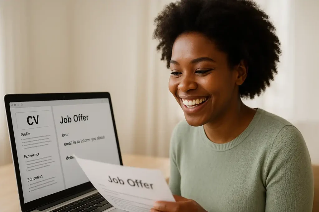 CV client celebrating a successful job offer