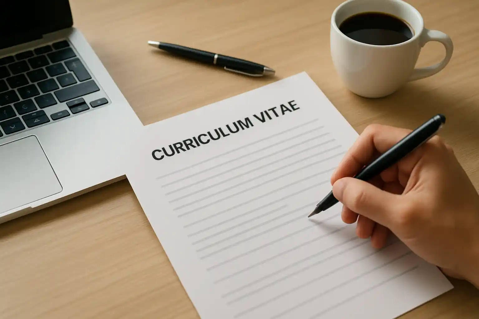 Professional CV document being reviewed and edited at a workspace.