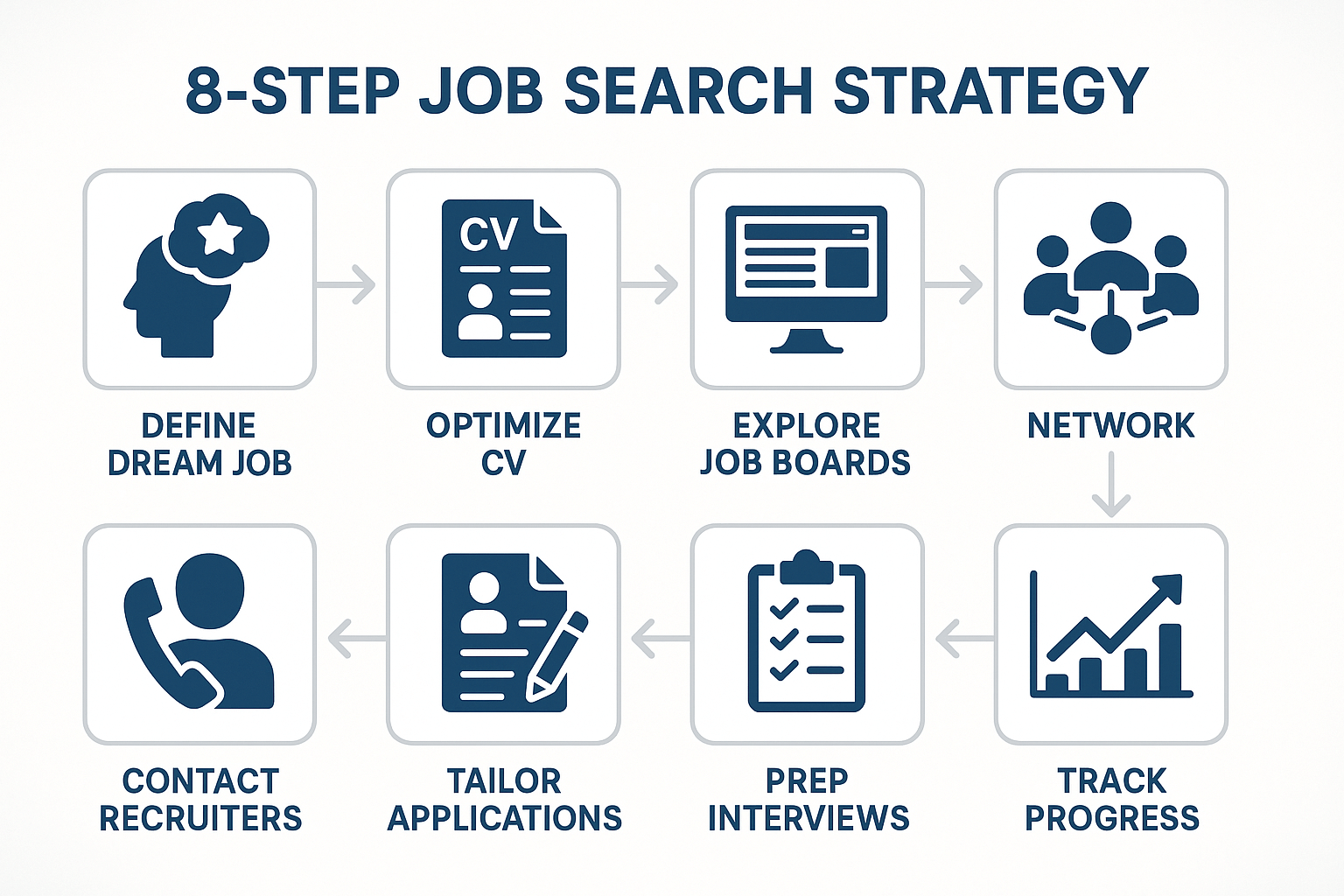 Infographic of an 8-step job search strategy for South African professionals