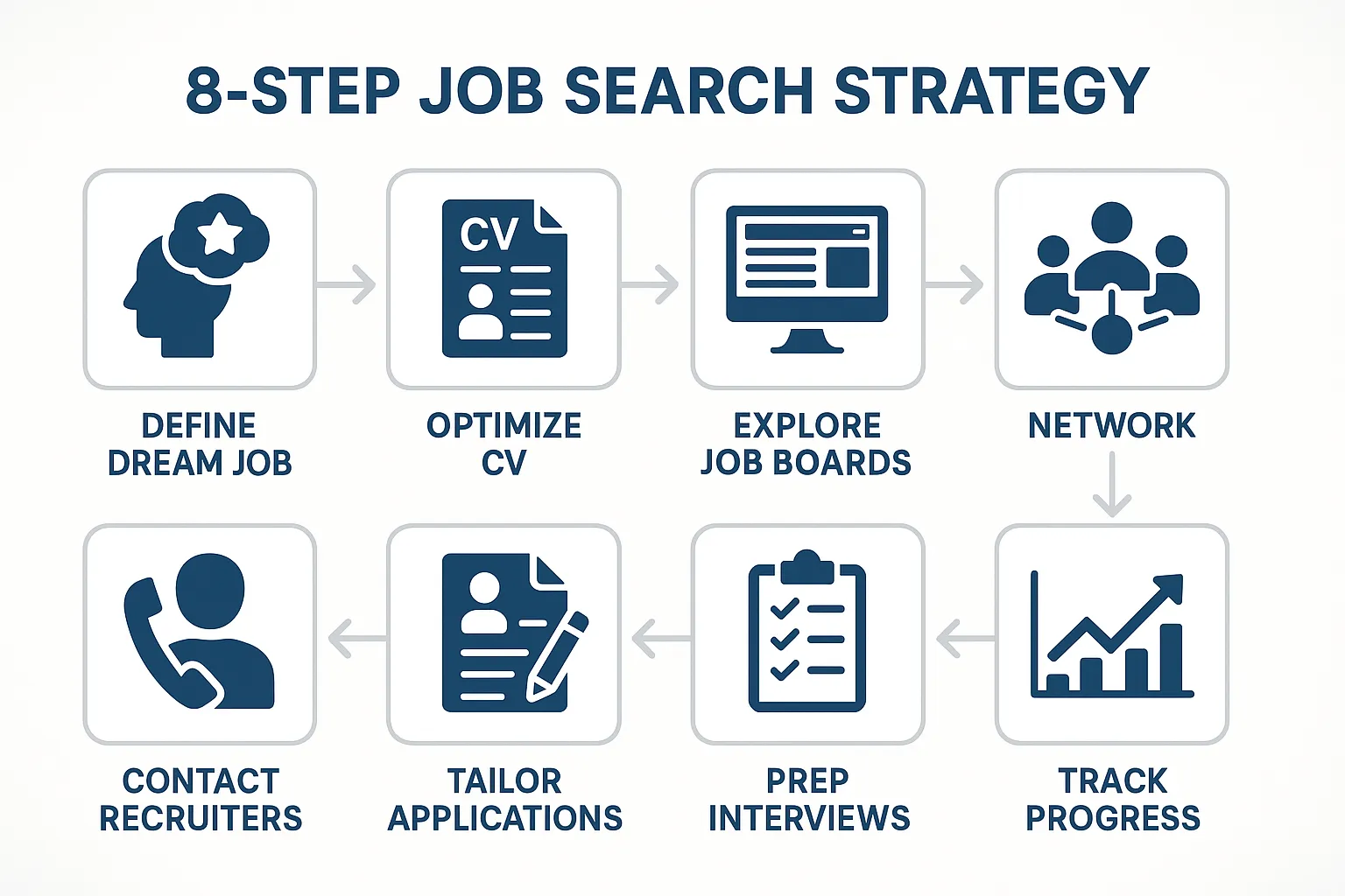 Infographic of an 8-step job search strategy for South African professionals