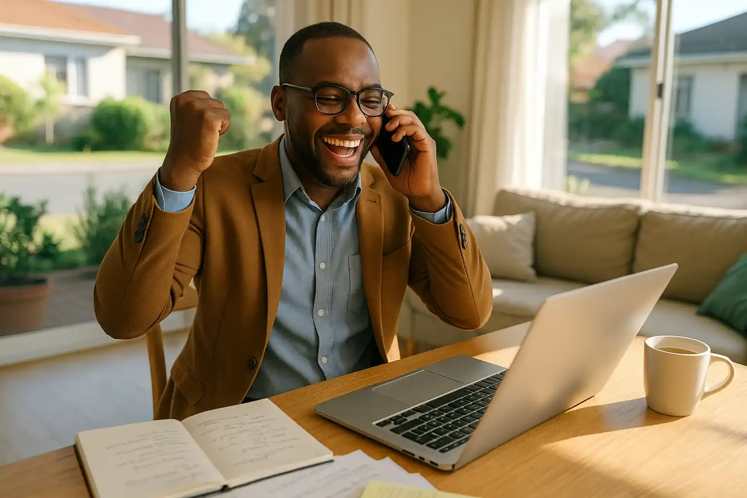 South African professional celebrating job offer after interview coaching