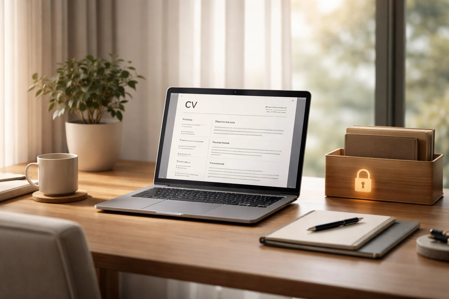 Laptop with CV file on screen beside a discreet lock symbol and tidy private workspace