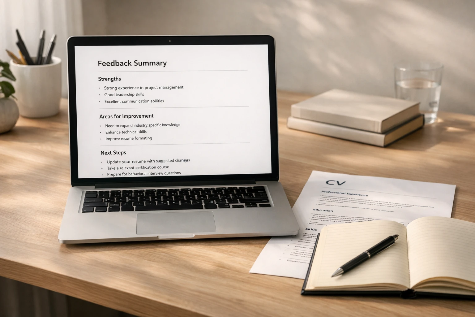 Professional reviewing CV feedback notes on a laptop with a notebook and printed document nearby