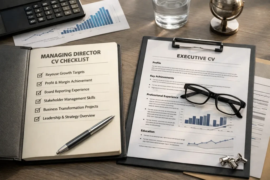 Executive checklist concept for a managing director CV with strategic leadership and business performance cues