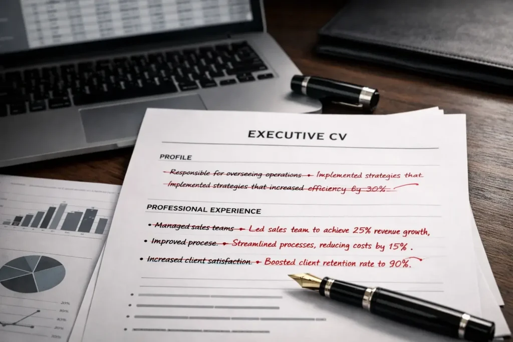 Executive CV editing concept showing before and after improvement of achievement statements