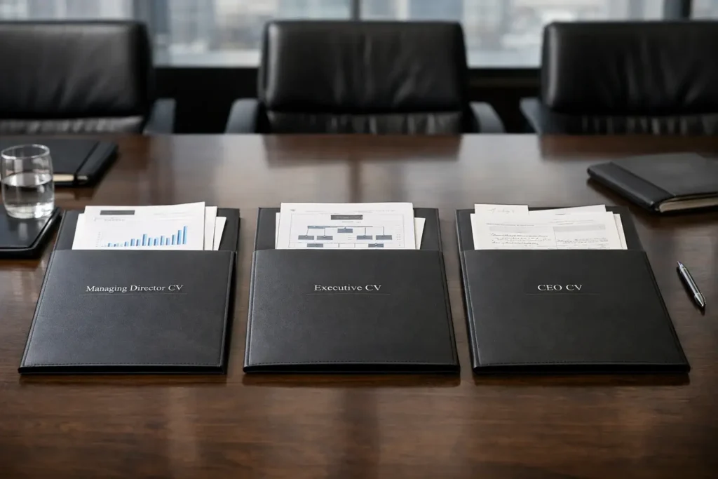 Comparison concept for managing director CV executive CV and CEO CV in a boardroom setting