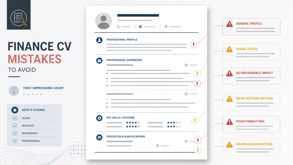 Finance CV mistakes checklist showing issues such as vague duties, weak systems section, hidden qualifications and poor ATS formatting