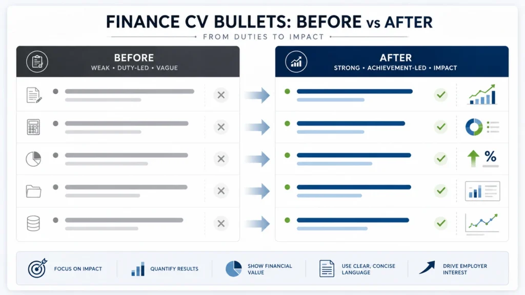 Before and after comparison showing weak finance CV bullet points rewritten as stronger achievement-led examples