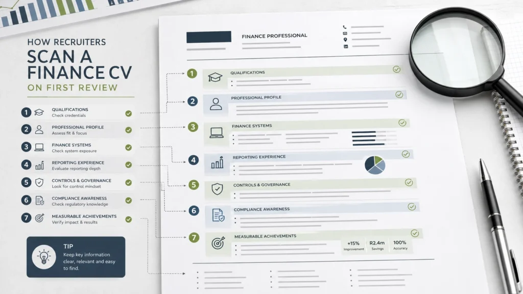 Recruiter scanning a finance CV with highlighted sections for qualifications, systems, reporting, controls and achievements