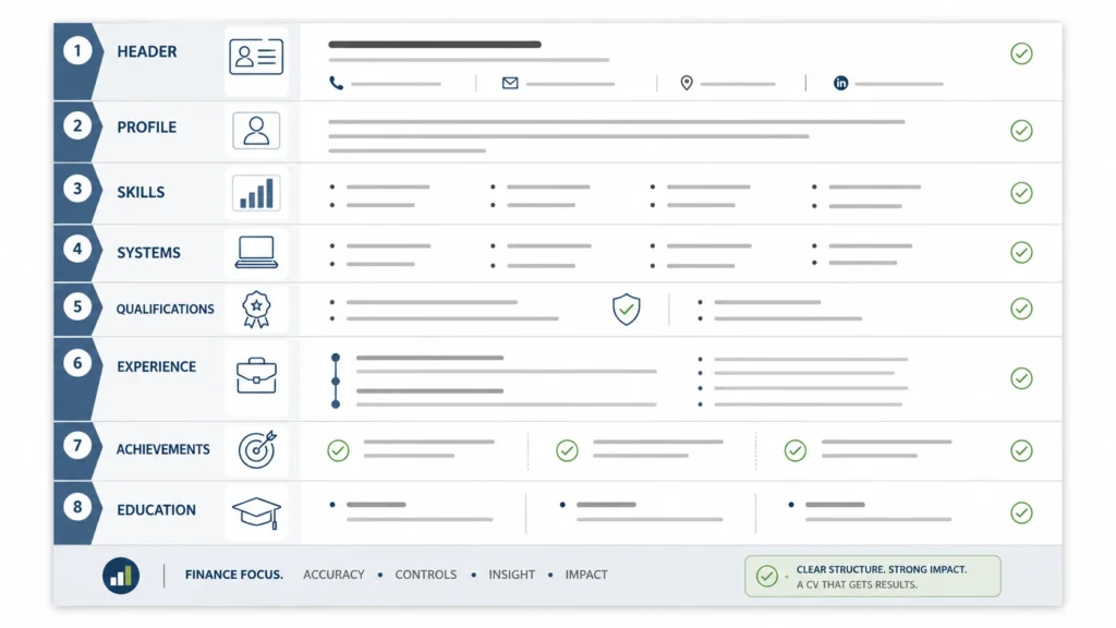 Finance CV structure showing key sections including profile, skills, systems, qualifications, experience and achievements