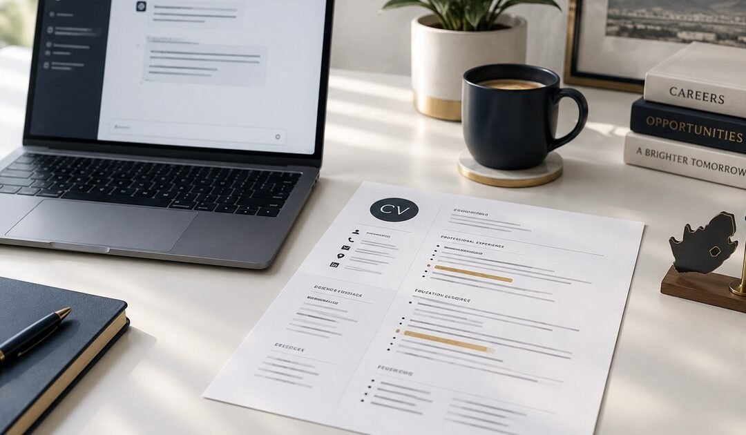 Editorial image of a CV document beside a laptop showing a generic AI chat interface, South African desk setting