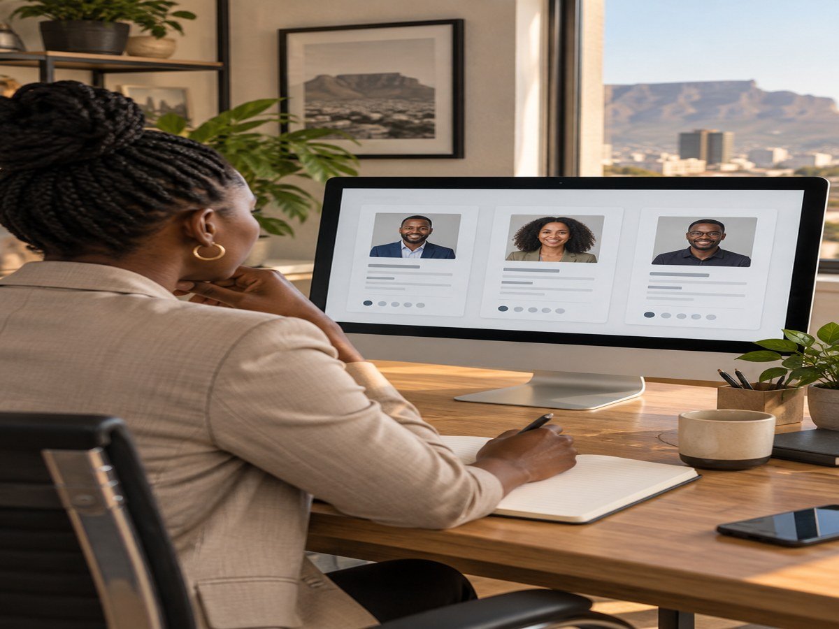 Recruiter reviewing a shortlist of CVs on screen, South African office setting