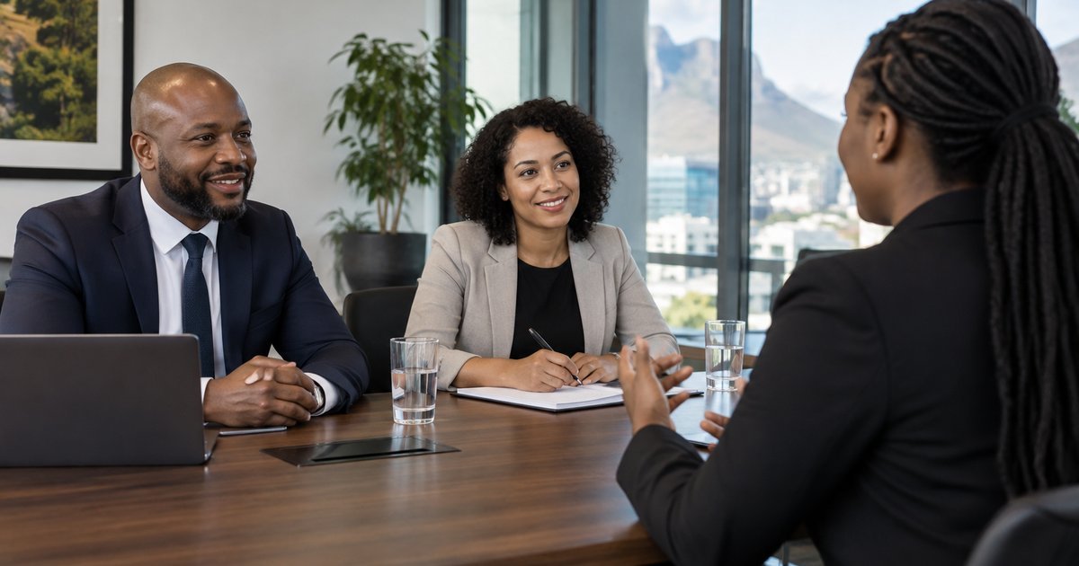 South African job candidate answering questions in a panel interview in a modern office