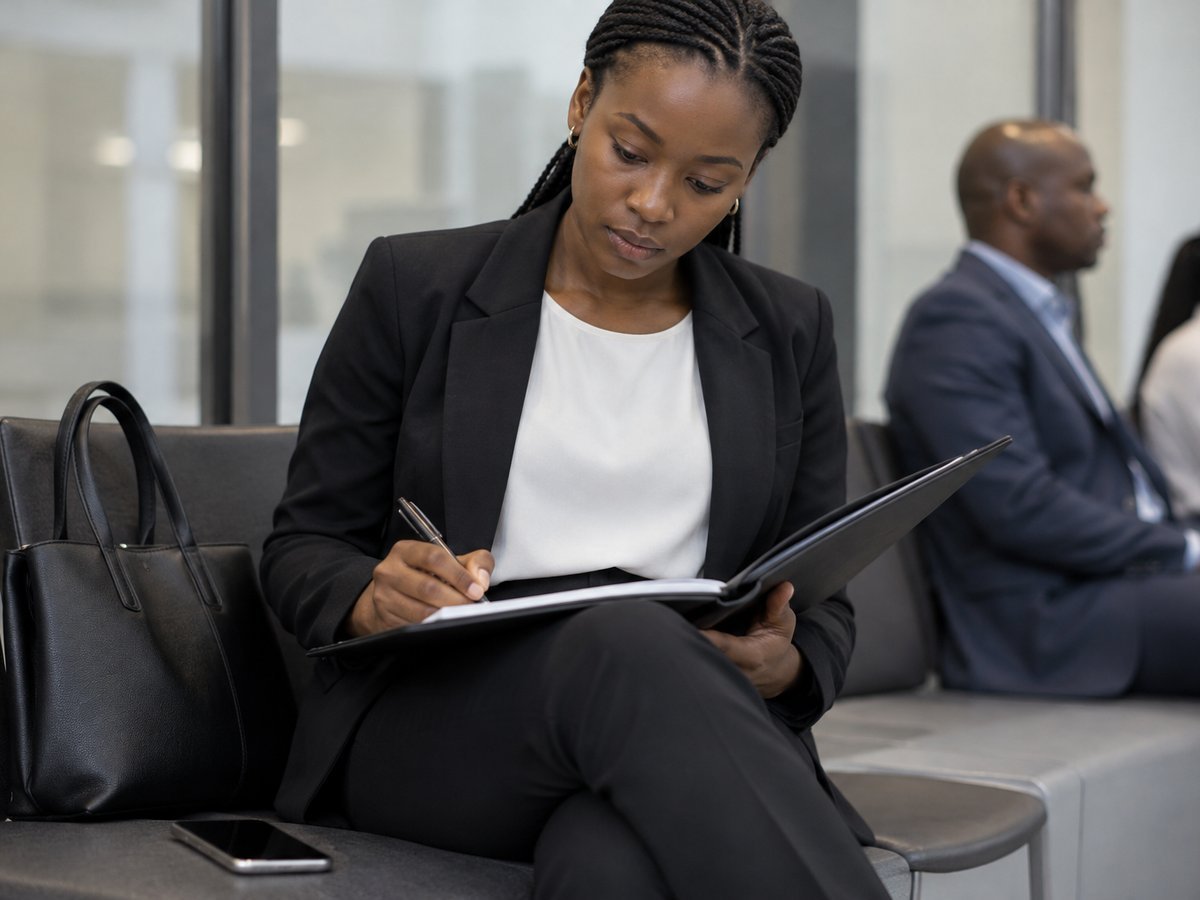 South African professional reviewing notes while waiting for a job interview