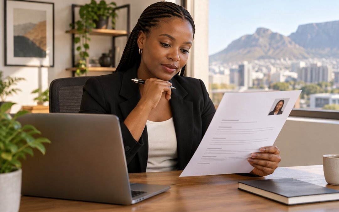 Job seeker reviewing a printed CV at a desk