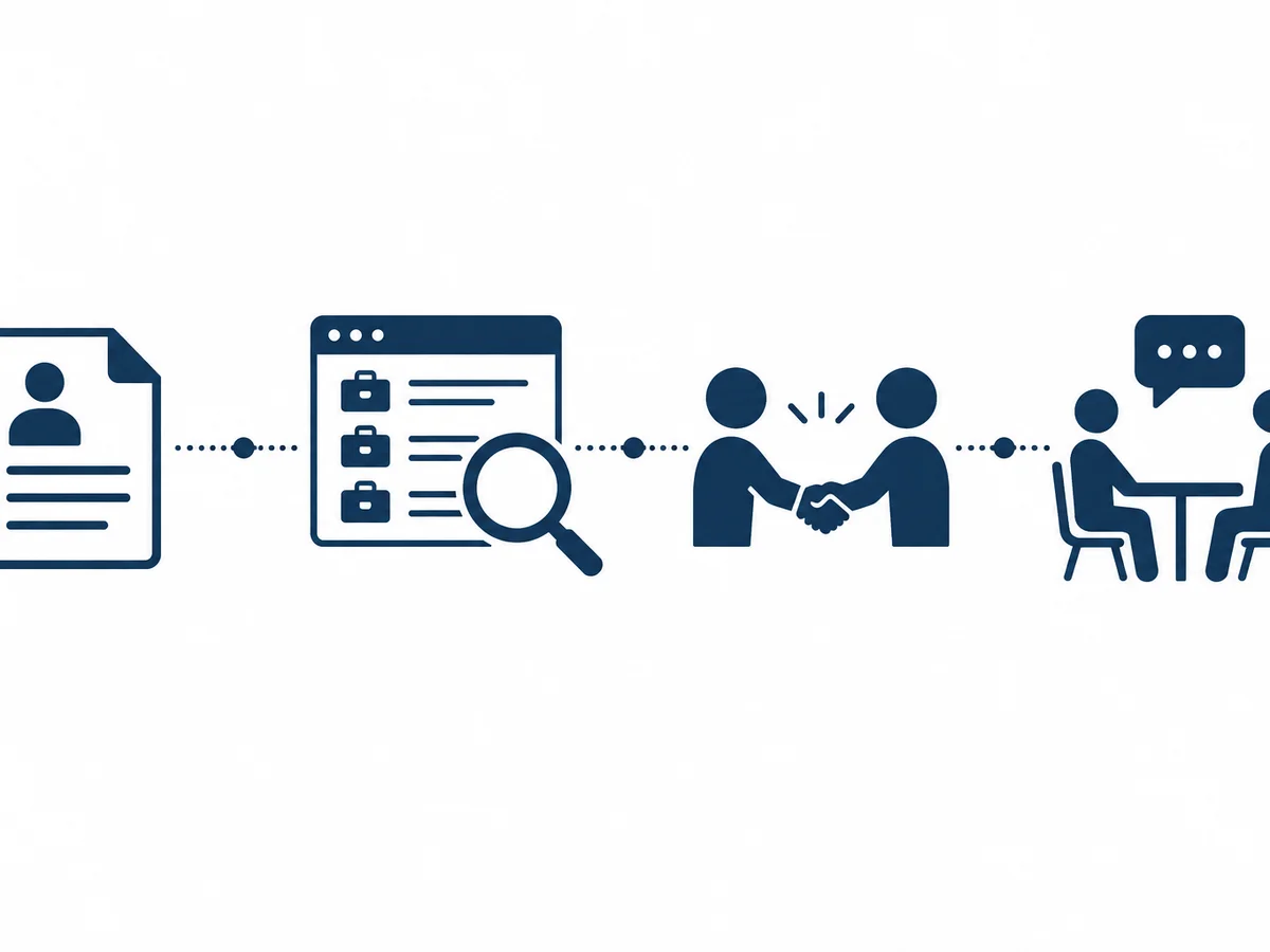 Simple infographic showing the job search journey from CV to job board search to networking to interview
