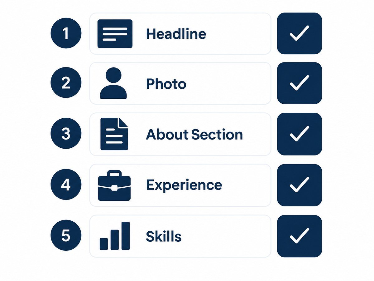 Checklist infographic of five LinkedIn profile sections recruiters check