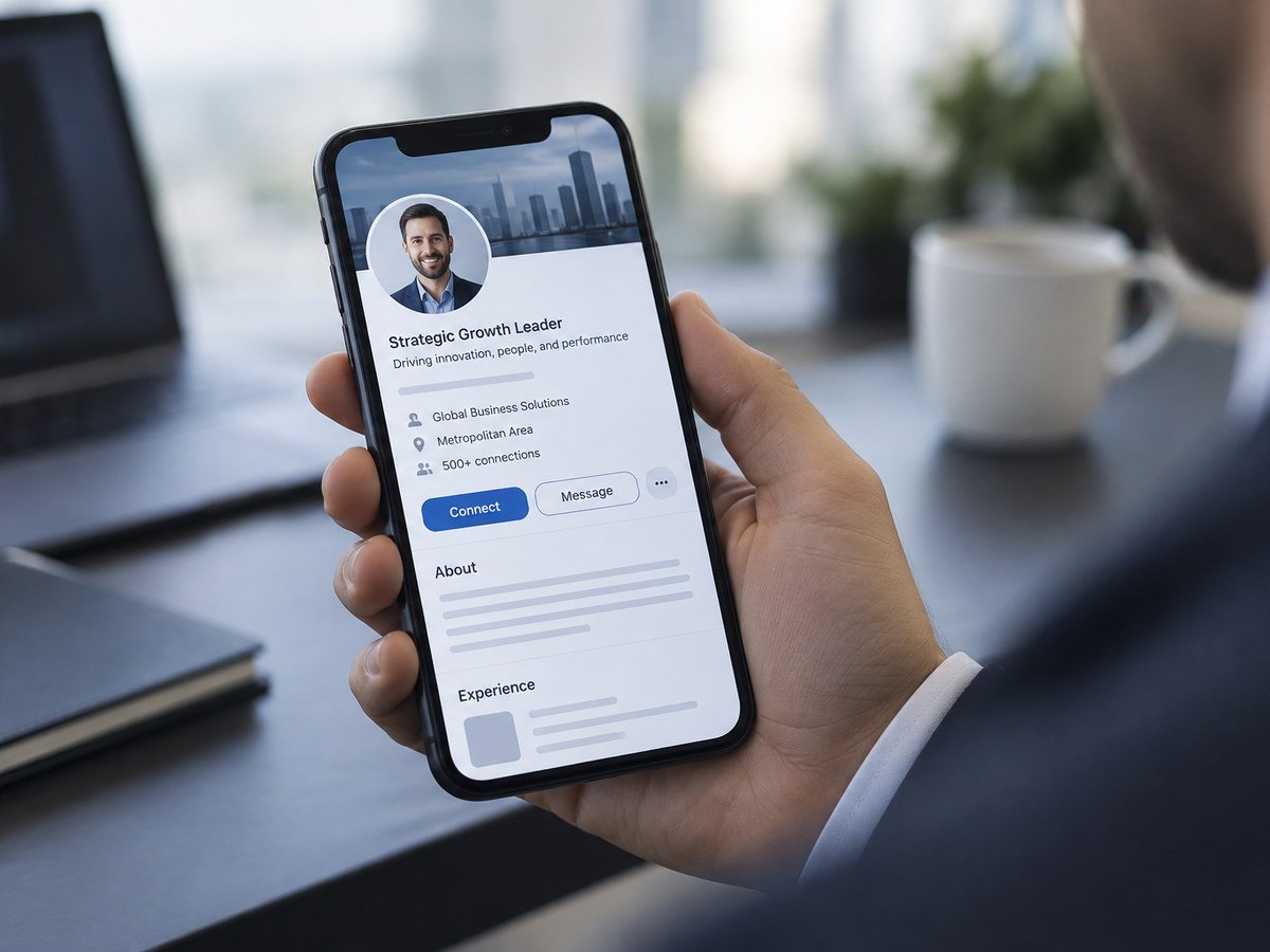 Recruiter viewing a LinkedIn profile headline and About section on a mobile phone